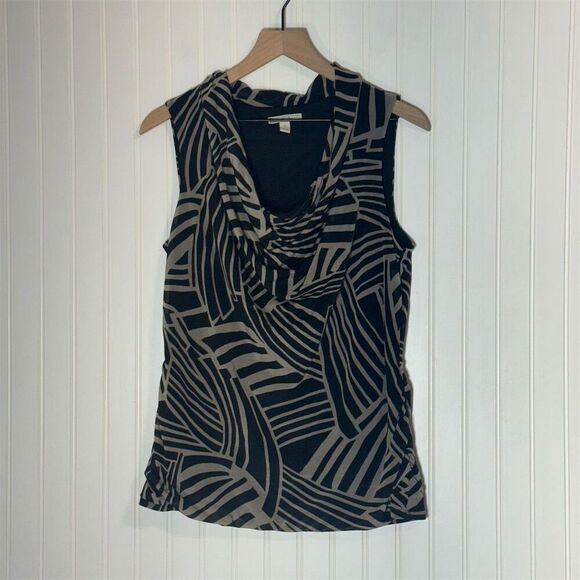 Dana Buchman Cowl Neck Sleeveless Top L Abstract Black Beige Geometric Print - Picture 1 of 9